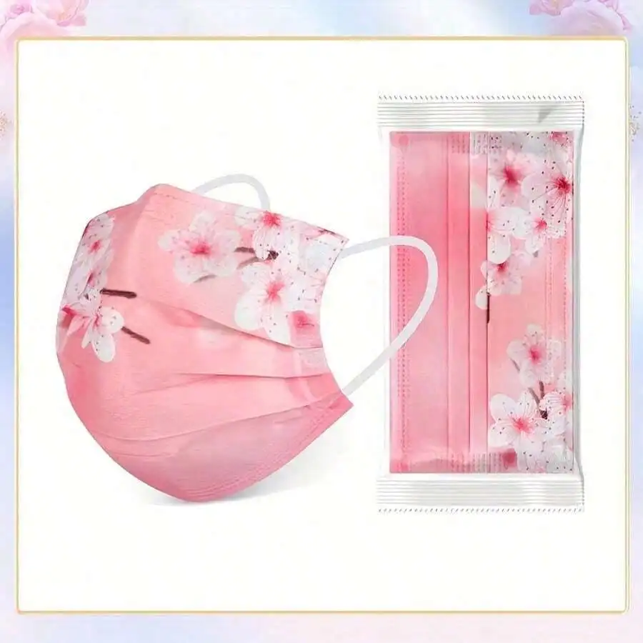 10pcs Floral Sakura Print 3-Pl - Disposable Mask Blue 评论和价格