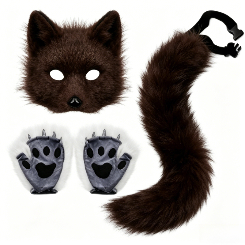Furry Cat Ears Mask Tail & Paw - Black Face Mask Pack 评论和价格
